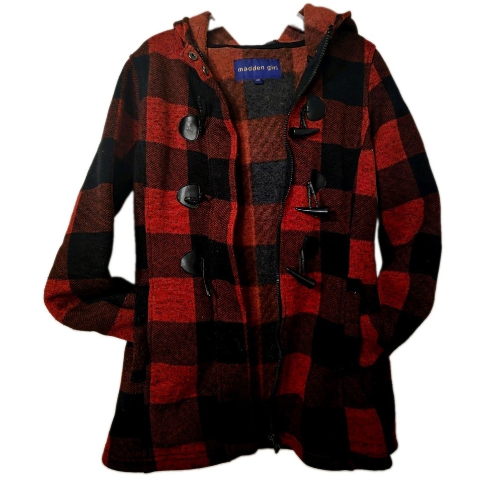 Madden Girl Red and Black Buffalo Plaid Hooded Coat Size Small Petite. S/P